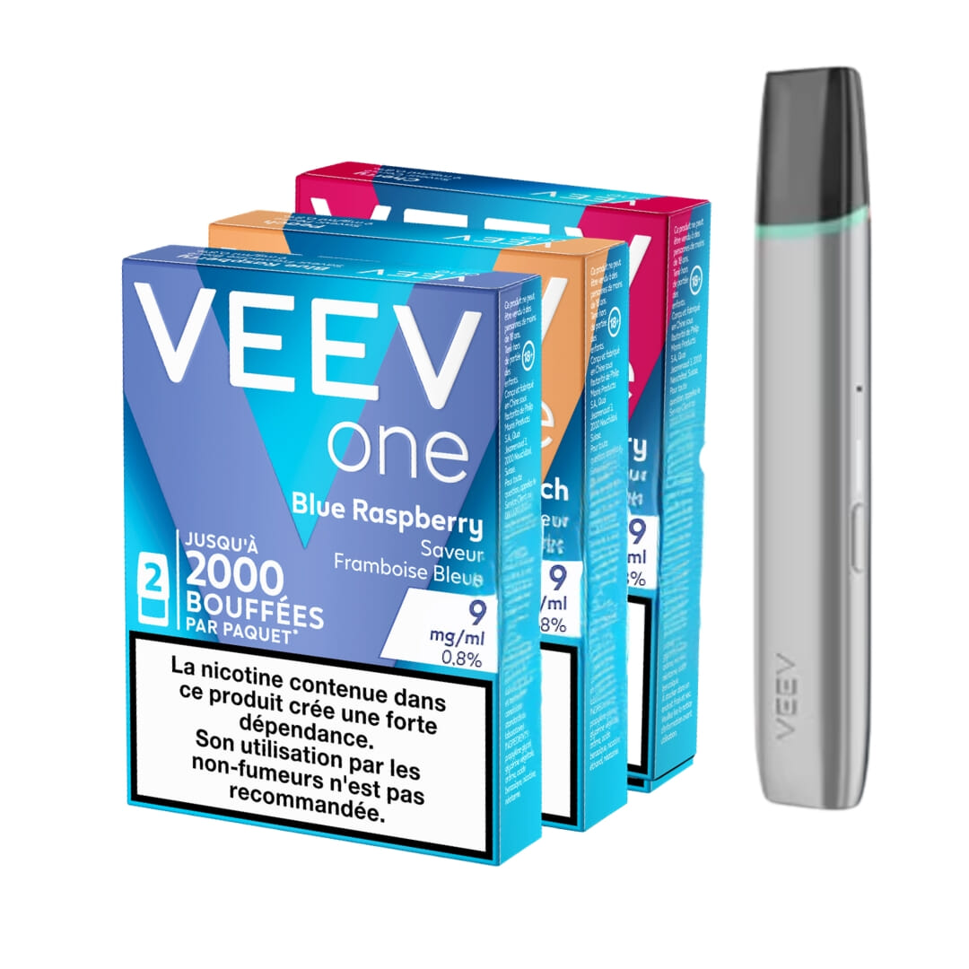 Pack Veev One - Batterie grise + 3 recharges P&ecirc;che, Framboise Bleue et Cerise
